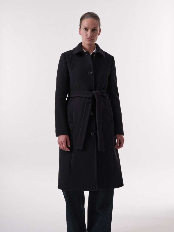 Long coat with a tie belt made of new wool