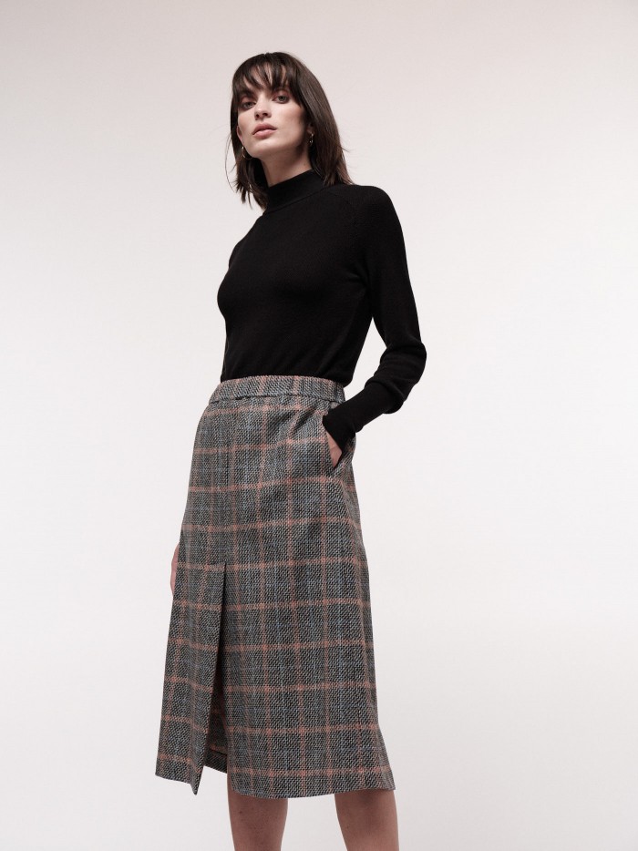 Glencheck Merino Wool Midi Skirt