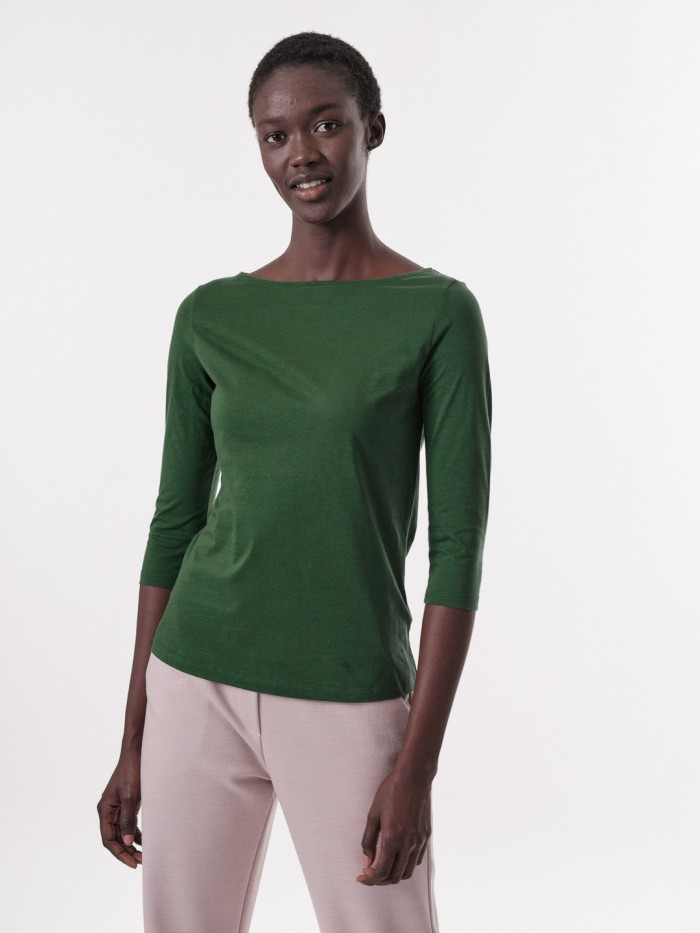 Boatneck shirt with 3/4 sleeves made from organic cotton - GOTS - dark green