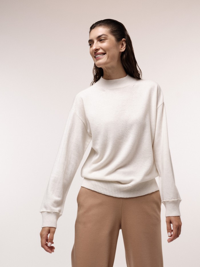 Boxy sweater with stand-up collar in organic merino wool