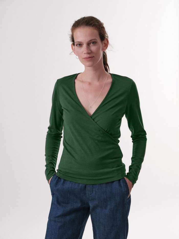 Wrap look shirt made of  virgin wool GOTS - dark green