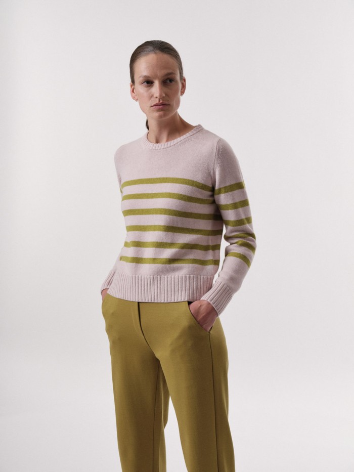 Sweater with stripes made of organic merino wool - golden olive